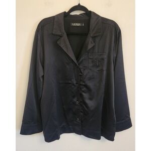 Lauren Ralph Lauren Womens Pajama Top Satin Black Long Sleeve Large RLL Logo NEW